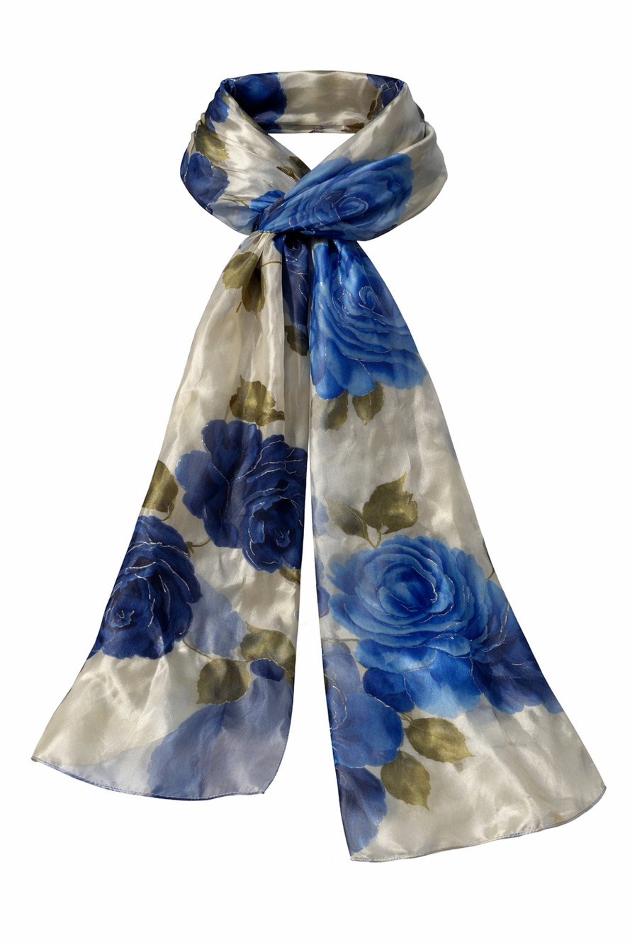 A.W. Items Inc Blue Rose Floral Sheer Satin Feel Scarf Korea Vintage